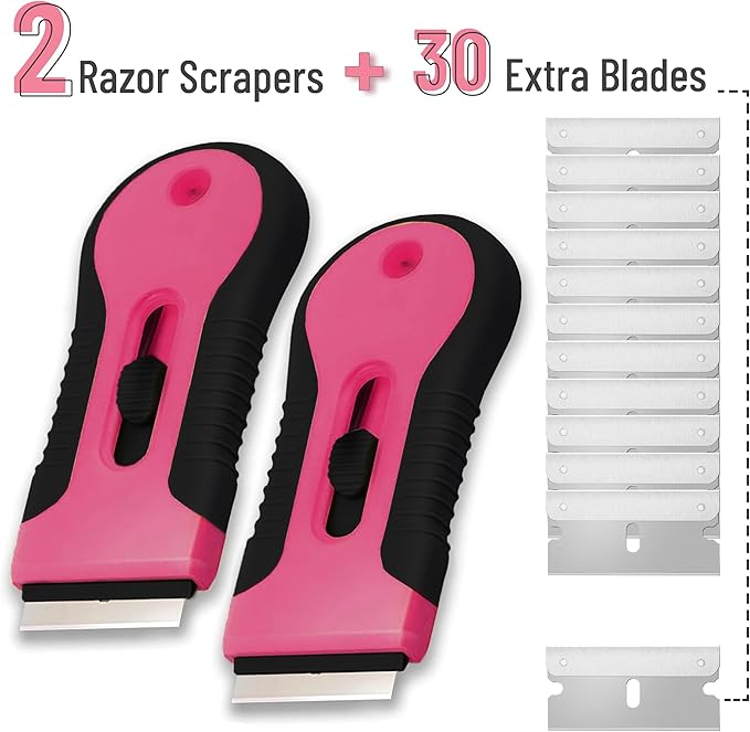 Bates- Razor Blade Scraper Tool, 2 Pack, 30 Extra Stainless Steel Blades, Anti-Slip Ergonomic Handle Design, Razor Scraper Set for Cleaning Window, Paint, Oven, Glass, Stove