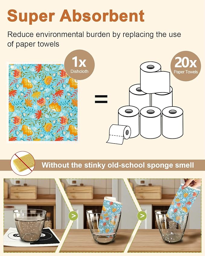 Miss Adola Kitchen Swedish Dishcloths with Hooks - 6 Pack Reusable Dish Cloths for Washing Dishes Fast Drying Cute Fun Swedish Dish Towels Washable Cleaning Sponge, Full Blown Flowers