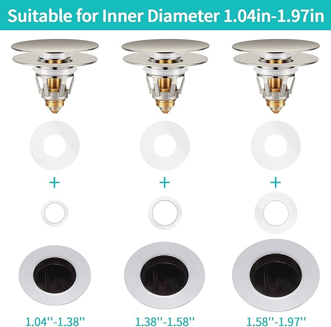 Universal Bathroom Sink Stopper with Hair Catcher, for 1.04-1.97 Inch Drain Hole, Spring Core Bathtub Drain Cover, Pop Up Sink Plug Basin Drain Strainer, Large Lid Brushed Nickel