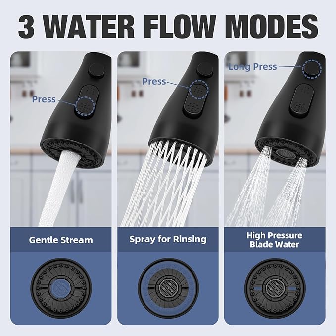 Kitchen Faucet Head Replacement, 3-Function Pull Down Spray Head with 9 Adapters, Sink Faucet Spray Head Compatible with Moen, Delta, American Standard Faucet, etc, Matte Black