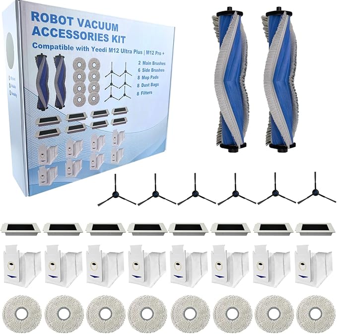 Replacement Accessories Parts Kit Compatible with Yeedi M12 Ultra Plus M12 Pro Plus + Includes 8 Dust Bags, 8 Mop Pads, 8 Filters, 6 Side Brushes, 2 Main Brushes