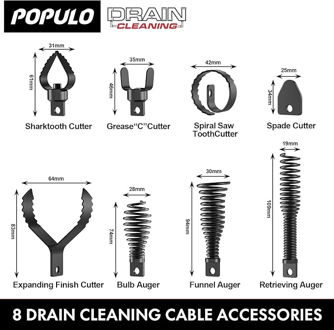 POPULO 8-Piece Drain Snake Drill Attachment - Tackle Any Clog with Precision,Commonly Used in POPULO 50FT-100FT AC Drain Cleaning Machine,Suitable for 5/16-inch to 3/4-inch Drain Snake Cable