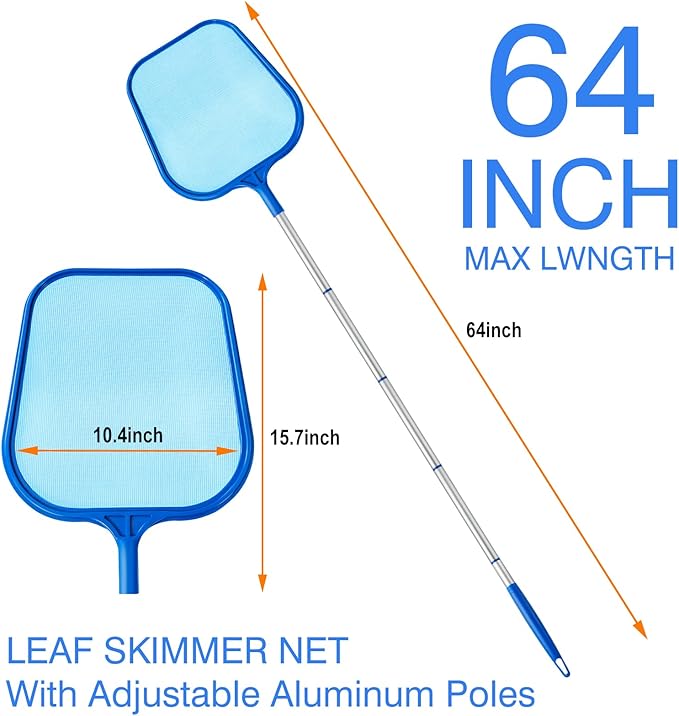 Pool Skimmer - Pool Skimmer Net with 5 Aluminum Pole Sections 64'', Skimmer Net with Fine Mesh Net for Cleaning Leaf of Swimming Pools, Spas, Hot Tubs and Fountains