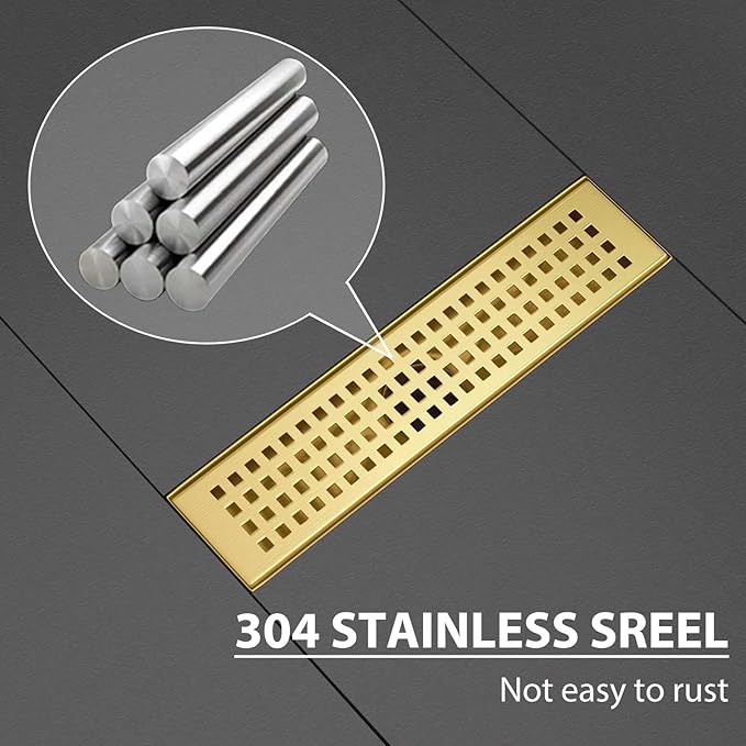 SaniteModar Linear Shower Drain, Gold Shower Drain 12 inch with Removable Grate,Brushed 304 Stainless Steel Linear Drain with Hair Strainer & Leveling Feet