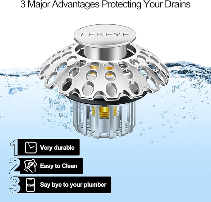 LEKEYE Tub Stopper | Shower Drain Hair Catcher | Bathroom Bathtub Plug | Pop Up Bathtub Drain Stopper for 1-1/2" to 1-3/4" Bath Drain Hole - Pearl Chrome