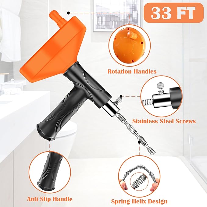 Drain Snake Auger (33 Feet), Plumbing Snake Drain Hair Clog Removal Tool, Heavy Duty Sink Unclogger Drain Cleaner Tool for Bathroom Kitchen Tub Shower with Gloves