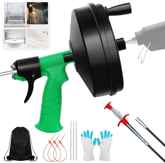 50 Ft Drain Snake, Fast Unclog Snake, Manual & Electric Plumbing Snaker for Shower Sink, Toilet and Kitchen, Drain Auger 50 ft Comes with Gloves and Bag, 1/4 Inch, Green