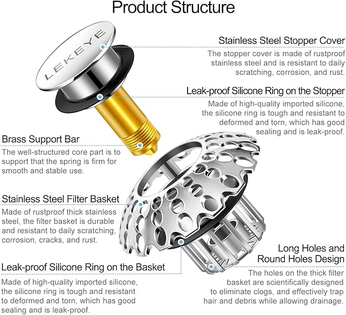 LEKEYE Tub Stopper | Shower Drain Hair Catcher | Bathroom Bathtub Plug | Pop Up Bathtub Drain Stopper for 1-1/2" to 1-3/4" Bath Drain Hole