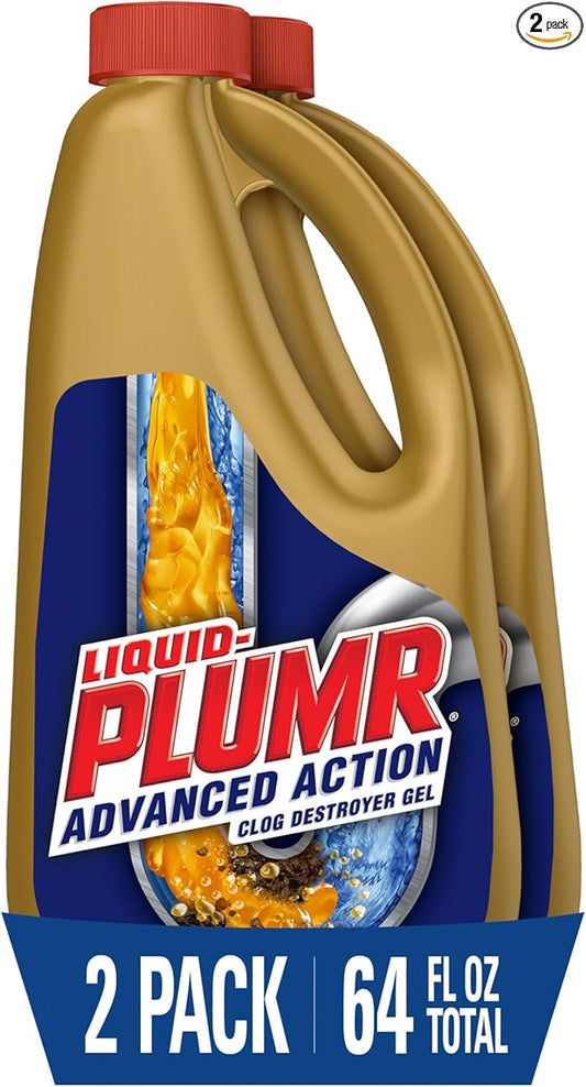 Liquid-Plumr Advanced Action Clog Destroyer Gel, Removes Multiple Types of Clogs including Hair, Deodorizes and Freshens, Safe for All Septic Systems and Pipes, 2 Bottles, 32 fl. oz. Bottle