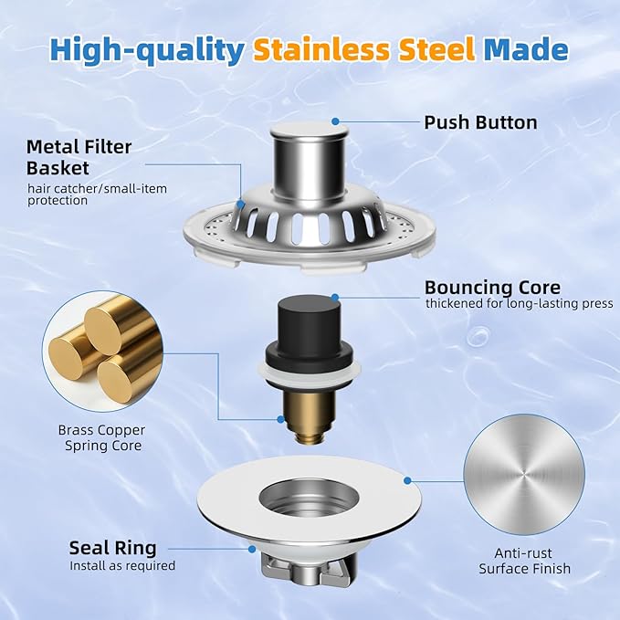 Universal Bathtub Drain Stopper Shower Hair Catcher Bathroom Sink Strainer, Tub Stopper with Visible Top Strainer, Brass Metal 3 in 1 Stopper for Standard 1.1''~2.36'' Hole, Transparent Edge, Chrome