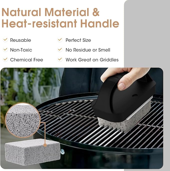 3-Pack Grill Pumice Stone for Cleaning Kit with Heat-Resistant Handle, Pumice Grill Brick, Reusable Griddle & BBQ Scrubber for Stain Removal