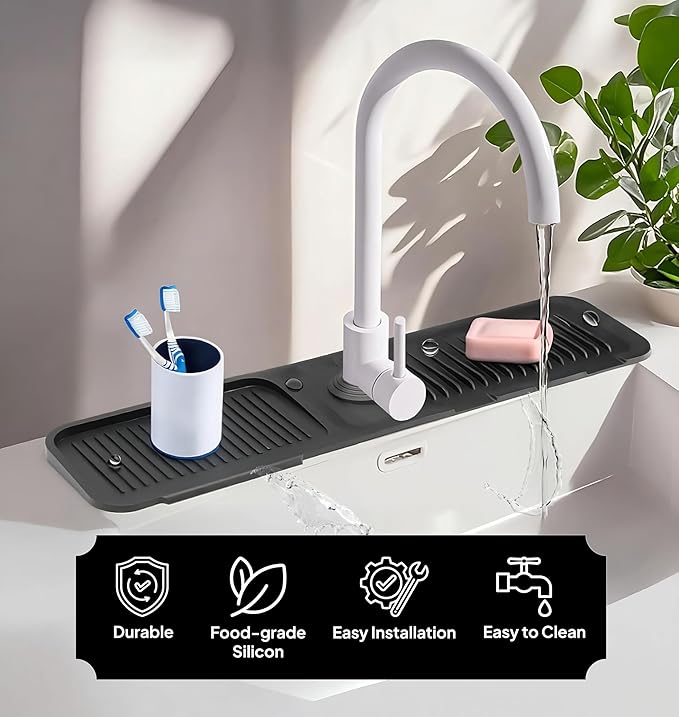 Premium 17 Inch Faucet Mat Guard for Sink Area Durable Silicone Splash Mat Multi-Use Water Catcher Tray Fast Drying Draining Protector (Black)