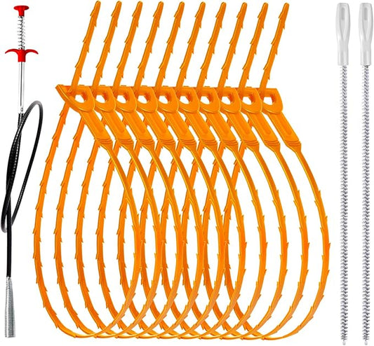 34inch Drain Snake (1pc), 25inch Hair Drain Clog Remover (10 pcs) & 18Inch Cleaner Brush (2 pcs), Sink Plumbing Snake Drain Tool Unclogger Tool Set For Kitchen, Bathroom Tub, Sewer, Toilet