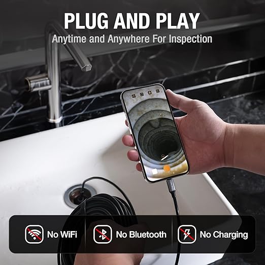 Teslong 50FT USB-C Borescope Camera with Light, Only Compatible with iPhone 15/16/17 Android Phones, 50 ft Flexible Waterproof Endoscope for DIY Pipe Inspection with Drain Snake