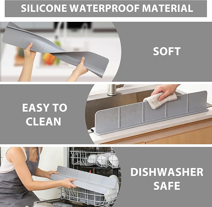 23Inch Sink Splash Guard – Extended Length & Tall Silicone Kitchen Sink Splash Guard with Overhang Drainage Design, High Splash Wall & Strong Suction Cups for Countertop (Grey, 23''x3.5'')