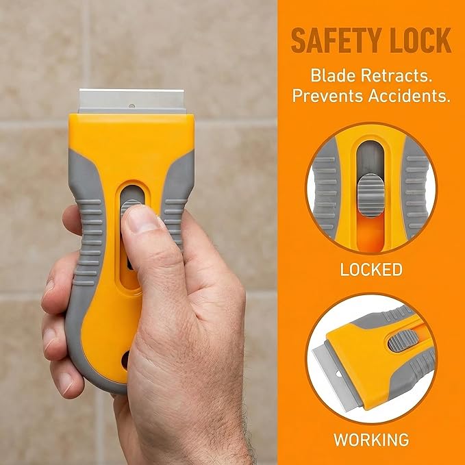 Razor Blade Scraper Tool 2 Pack with 20 Extra Blades - Retractable Glass Scraper with Safety Lock and Non-Slip Grip for Removing Stickers Labels Paint Caulk from Windows Cooktop Glass Floors Surfaces