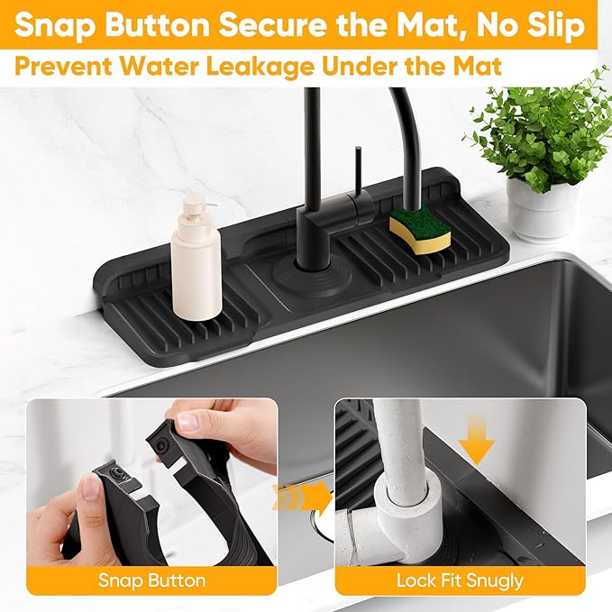 14.6 inch Faucet Mat for Kitchen Sink Splash Guard[7° Slope Fast Self-draining][Snap Lock Fit]Kitchen Sink Faucet Mat Splash Guard Kitchen Sink Area Water Splash Guard Behind Faucet Draining Mat