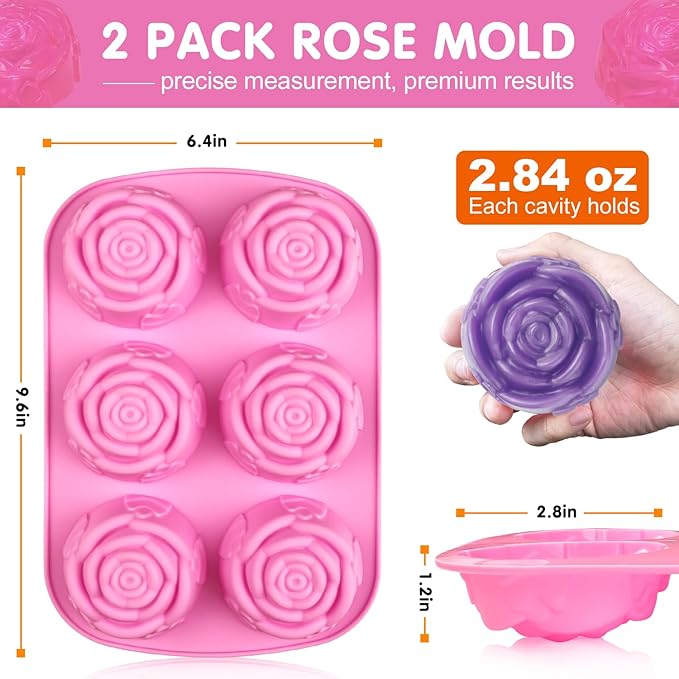Walfos Rose Ice Cube Mold 2.8 Inch,Soap Mold, Make 12 Cute Flower Shape Ice. BPA Free and Dishwasher Safe.Easy to Pop Out.Perfect for Soap Cocktails Juice Whiskey Jelly Chocolate etc.(Set of 2 Pink)