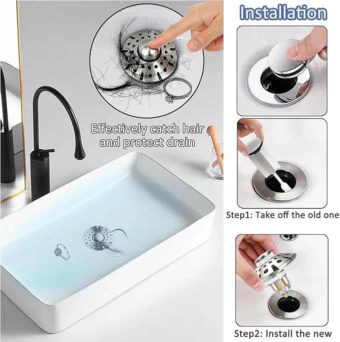 AzWzz Bathroom Sink Drain Strainer, 3 in 1 Pop Up Bathroom Sink Stopper Plug with Hair Catcher Cover, Universal for 1.06 in to 1.6 in Sink Drain, Brushed Nickel
