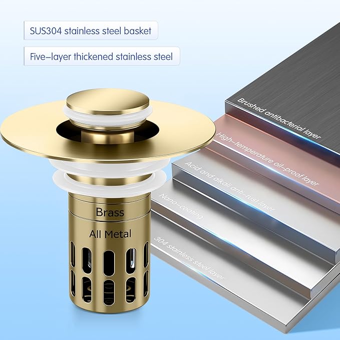 (All Metal) Bathroom Sink Stopper,Pop Up Drain for Bathroom Sink,Sink Stopper Hair Catcher,Silent Popper Core w/Removable Stainless Steel Filter Basket,Sink Drain Plug Fit for 1.05~2.0''Basin