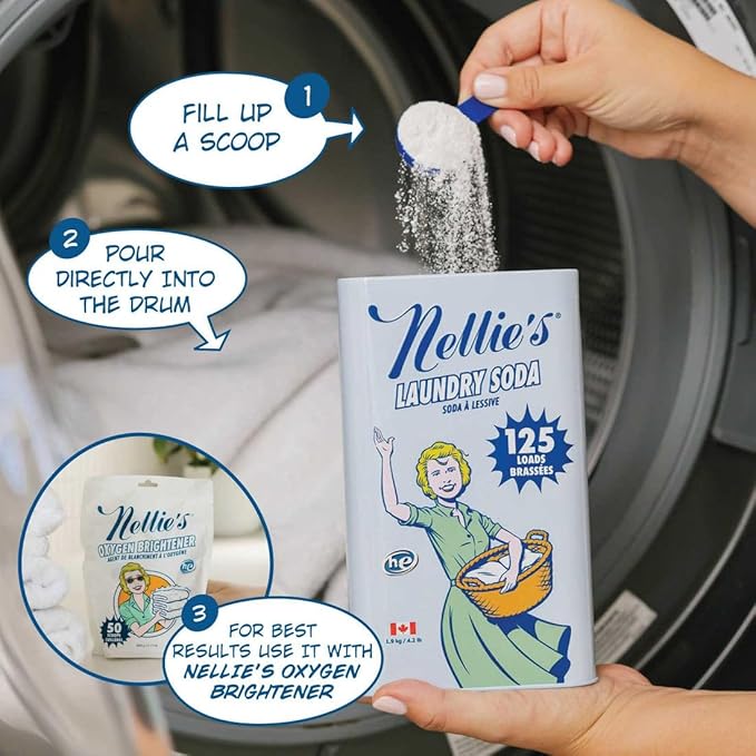 Nellie’s Laundry Soda 125 Loads – Laundry Powder Detergent – 4 Ingredients – No Residue – HE & Septic Safe – Made in Canada