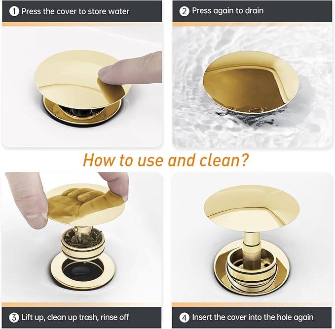 2-Pack Pop Up Bathroom Sink Drain with Overflow - Fits 1-5/8" to 2" Holes, Glod 304 Stainless Steel for Vanity/Vessel Sink