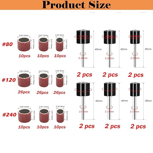 Sanding Drum Set for Most Rotary Tools-Includes 138 Aluminum Oxide Sanding Sleeves for Drum Sanders (80,120,240 Grit) and 12 Drum Mandrels-Sanding Bits Tool Accessories with Box