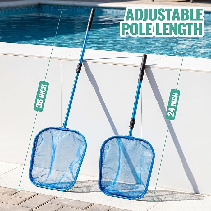 36" Hot Tub Pool Skimmer Net with Pole All-Metal Aluminum Frame & Handle for Small Above Ground Pools - Lightweight Pool Skimmer Net for Daily Leaves Bugs Removal Easy Cleaning, Metal Blue