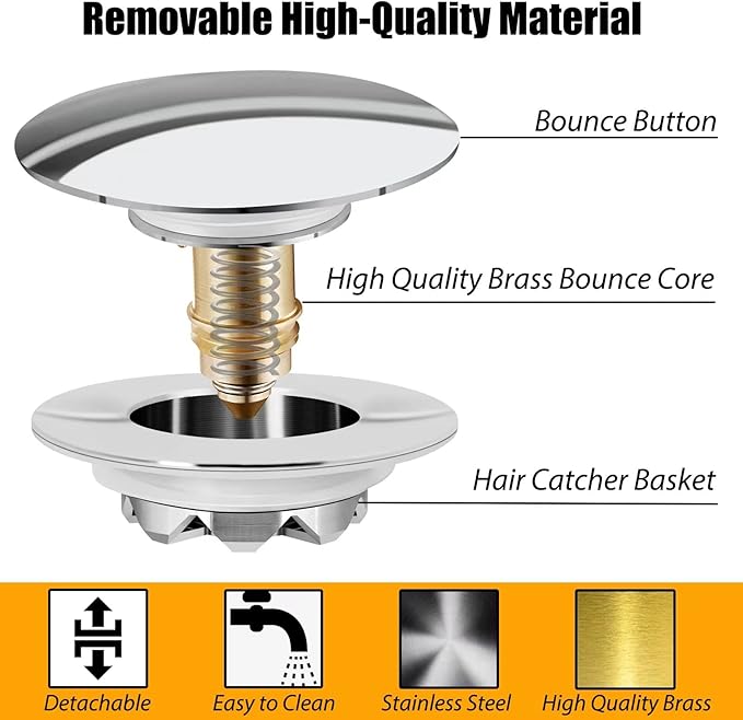 Bathtub Drain Stopper, Pop Up Tub Stopper and Cover, Bottom with Hair Catcher, Universal for 1.45 to 1.8in Drain, Replaces Old Drain Plug, Chrome Silver