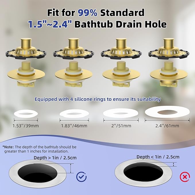 Metal 2 Pack Bathtub Drain Stopper with Top Hair Catcher, 3 in 1 Pop-up Bathtub Strainer, Tub Stopper with Detachable Stainless Steel Filter Basket for Standard 1.5 to 2.4'' Drain, Brushed Gold