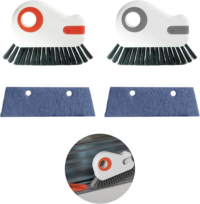 2 Sets Window Track Cleaner Tools, 2-in-1 Groove Cleaning Brush with Scraper & Dustpan, Hard Bristle Crevice Brush for Sliding Door, Window Sill, Shower Seal, Reusable Deep Cleaning Tools