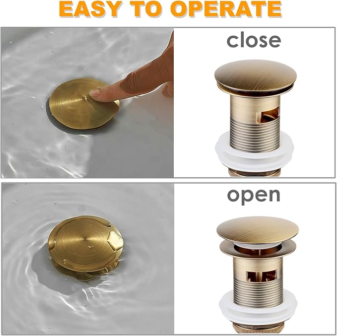 Pop Up Drain Stopper with Overflow, Beelee Bathroom Vanity Vessel Sink Drain, Antique Brass Finish