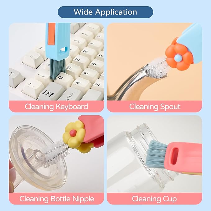 Generic 3 in 1 Cup Lid Cleaning Brush, Multi-Functional, Portable, Blue+pink, Plastic, Nylon Bristles, 2 Pack
