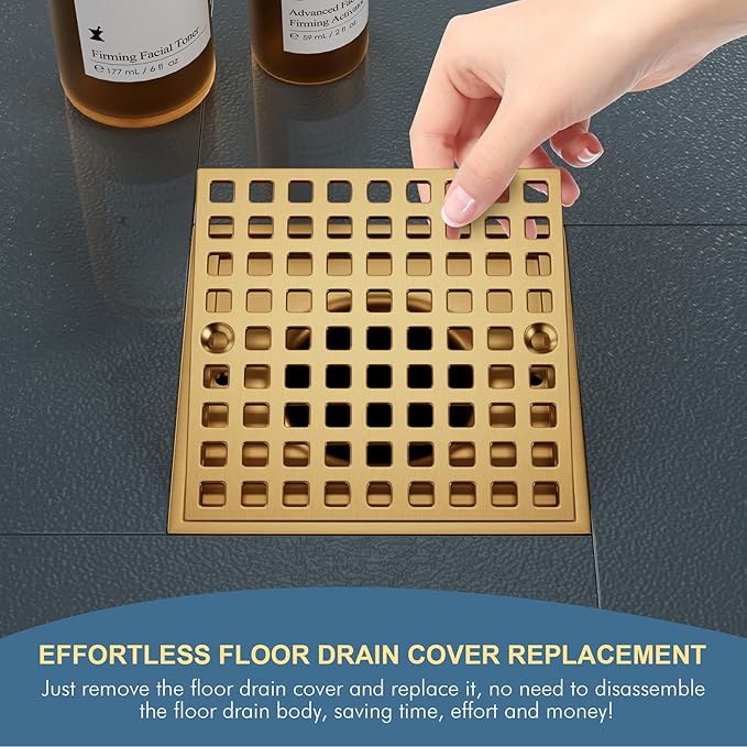 3-7/8" Champagne Bronze Shower Drain Cover - Square Floor Drain Cover Replacement - Hair Catcher/Drain Strainer for Bathrooms, Showers, and Sinks - SUS304 Stainless Steel & CUPC Certified