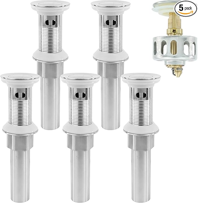 Bathroom Sink Drain,5 Pack Drain Stopper with Overflow,Small Cap Pop Up Drain Assembly with Detachable Strainer Basket,Built-in Anti-Clogging, Stainless Steel Nut Brushed Nickel