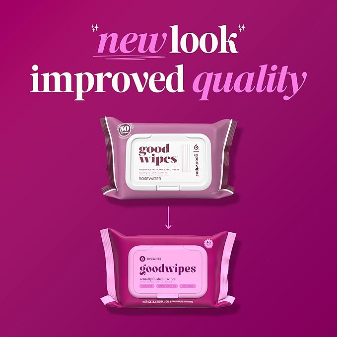 goodwipes Flushable Wipes - Rosewater Wet Wipes for Adults, Sewer & Septic Safe, Guest Bathroom Essentials for Women & Men, pH Balanced & Extra Large, 153 Count (3 Packs and 3 Singles)