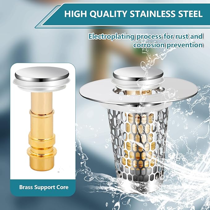 2Pack Bathroom Sink Stopper for 1-1.50in, Universal Drain Filter for US Stainless Steel Floor Drain Filter, Universal Bathroom Sink Drain Pop Up Stopper with Hair Strainer (Silver)
