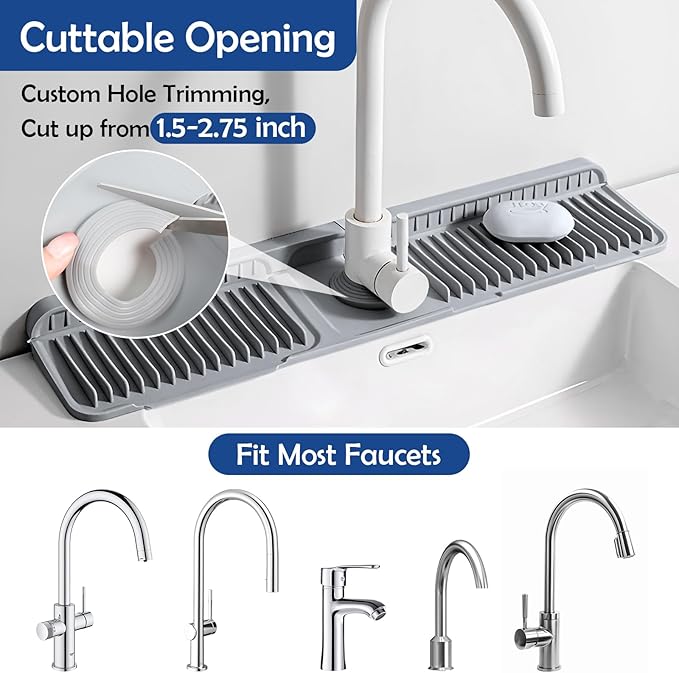 24"Longer Silicone Faucet Mat For Kitchen Sink Splash Guard -7° Slope Snap Lock- Sink Faucet Mat Splash Guard Kitchen Sink Area Silicone Sink Water Splash Guard Behind Faucet (Gray, 24"x5.5")