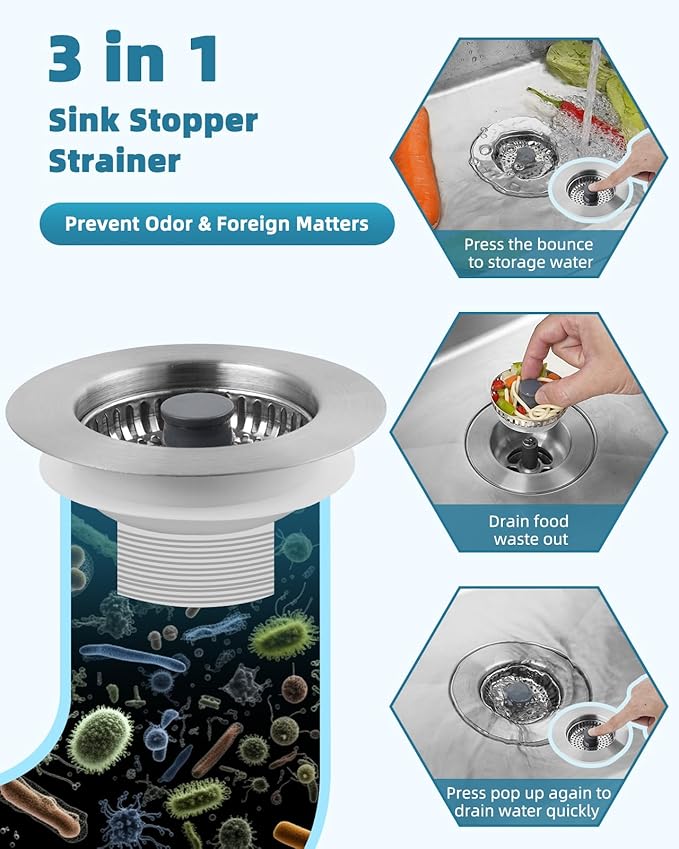 Hygie Rinse All Metal Sink Drain Strainer for Kitchen Sink Pop Up 3-in-1 Sink Stopper Drainer, 304 Stainless Steel Basket with Handle Rod for US Standard 3-1/2 inch Drain Filter, Anti-clog