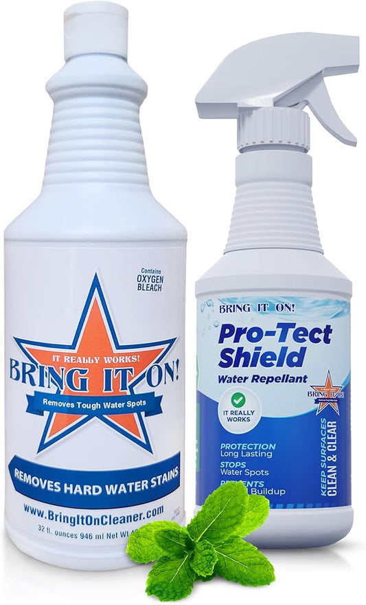 BRING IT ON! CLEANER Professional Hard Water Stain Remover & Glass Shield Sealant, Tiles, grout, Windows, Fiberglass, Chrome, Tubs, Toilets