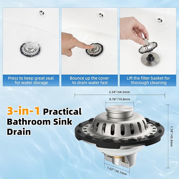 Universal Bathtub Drain Stopper Shower Hair Catcher Bathroom Sink Strainer, Tub Stopper with Visible Top Strainer, Brass Metal 3 in 1 Pop-up Stopper for Standard 1.1''~2.36'' Hole, Brushed Nickel