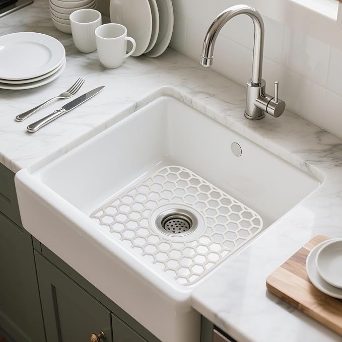 Silicone Sink Protectors for Kitchen Sink - 12" x 11" Kitchen Grid Accessory, Non-Slip Heat-Resistant Mat for Bottom of Porcelain Stainless Steel, Dishwasher Safe (White)