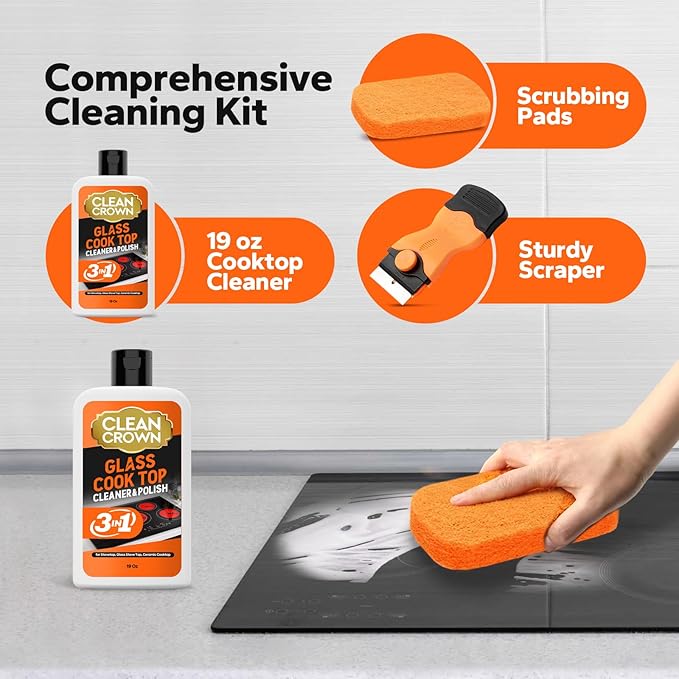 3-in-1 Cooktop Cleaner Kit (19 Oz Cooktop Cleaner + Scrubbing Pad + Scraper), Stovetop Cleaner for Electric Top Stoves, Ceramic Cooktops & Fireplace Glass, Remove Burned on Food, Grease