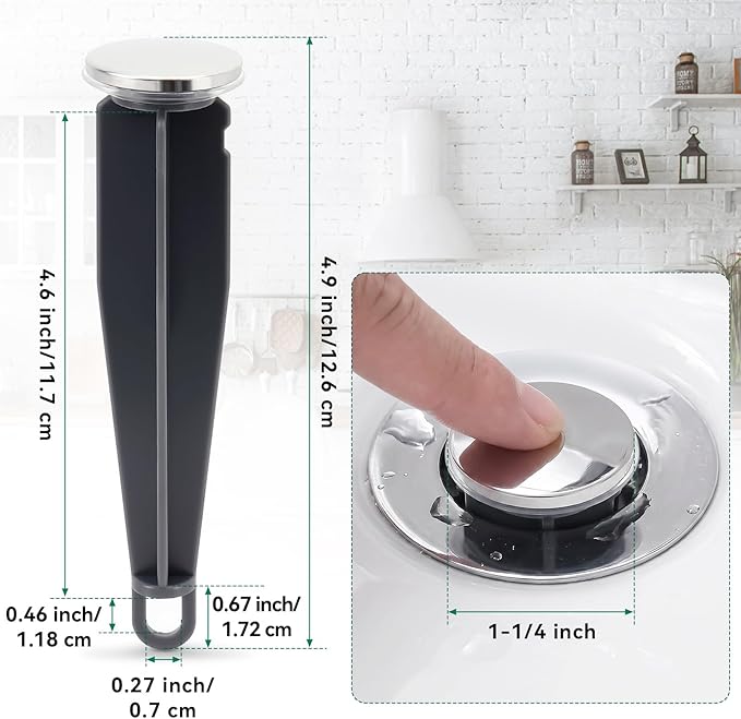2Pcs Sink Drain Parts, Lavatory Pop Up Center Assembly with Plug, Bathroom Sink Pivot Ball Rod Replacement with 18MM Ball, Pop up Stopper 4‑7/8" Tall, 1‑1/4" Cap Dia