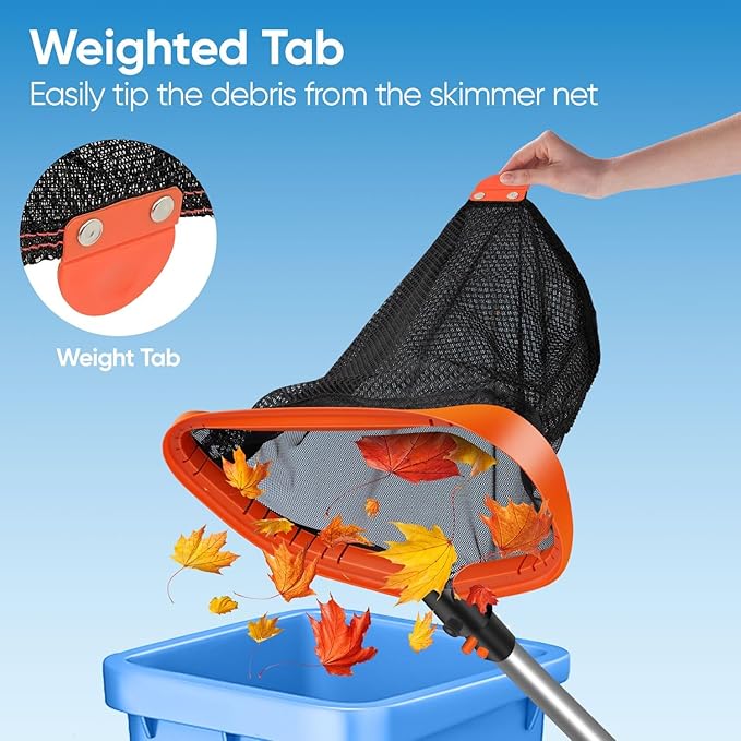 17.5" Pool Skimmer Net with 10 FT Aluminum 8 Sections Detachable Pool Poles, Heavy Duty Double Layer Pool Net with 1.2mm Thick Pole for Cleaning, Pool Leaf Rake for Above Ground & Inground Pools