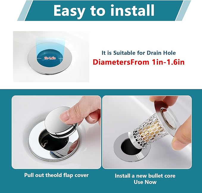 2Pack Bathroom Sink Stopper for 1-1.50in, Universal Drain Filter for US Stainless Steel Floor Drain Filter, Universal Bathroom Sink Drain Pop Up Stopper with Hair Strainer (Silver)