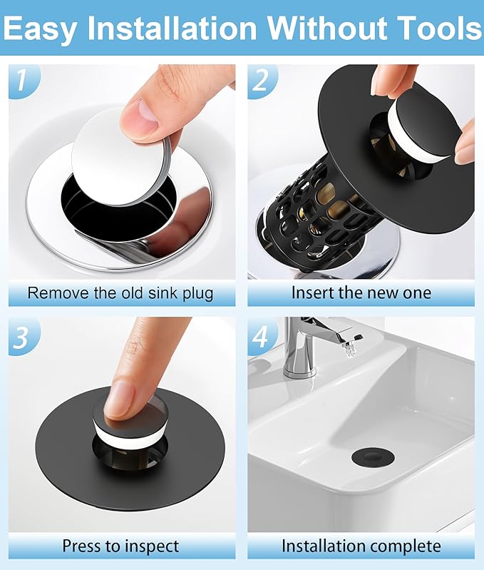 Upgraded Bathroom Sink Stopper with Hair Catcher - Universal Pop-Up Drain Plug, Stainless Steel & Silicone Seal for 1.1-1.5 Inch Drains, Matte Black Finish (Matte Black)