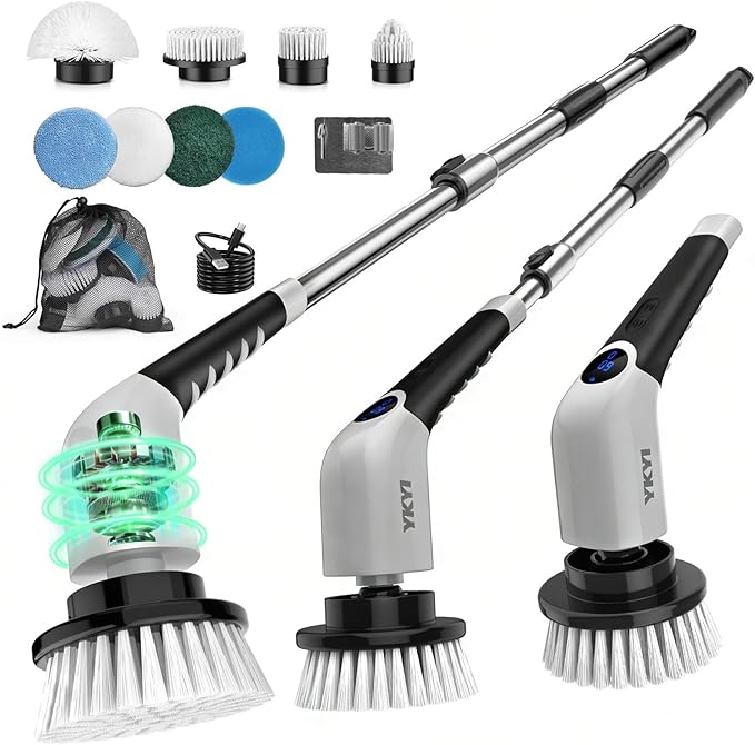 YKYI Electric Spin Scrubber-Cordless Power Scrubber with 8 Brush Heads, 3 Speeds & Adjustable Long Handle, IPX7 Waterproof Shower Cleaning Brush for Bathroom Tile, Bathtub, Grout, Kitchen(Gray)
