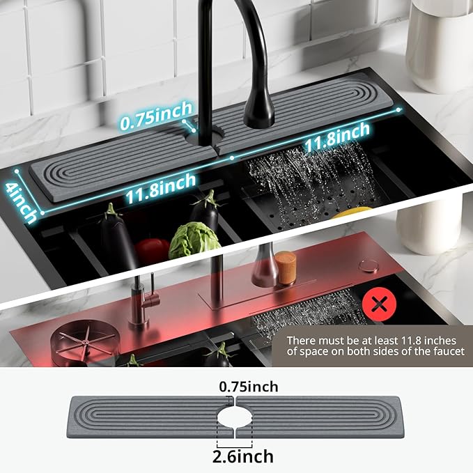 Quick Dry Sink Splash Guard - Extended 23.6" Splash Guard for Kitchen and Bathroom Countertops - Absorbent Diatomaceous Earth Faucet Mat - Dark Gray