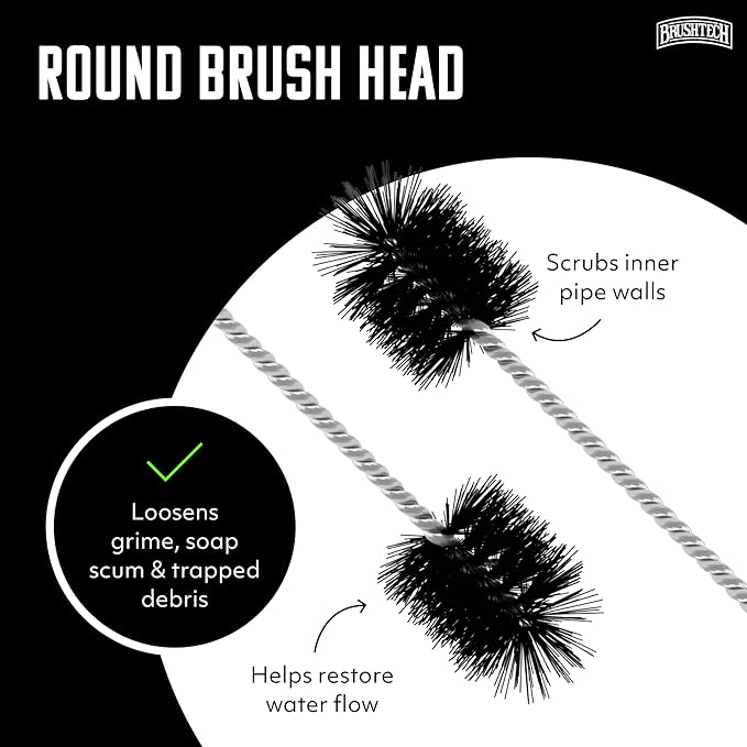 Brushtech 22" Super Flexible Drain Brush - Long Pipe Cleaning Brush for Tough Clogs, Hair, & Debris - Non-Kinking Spring for Kitchen & Hard-to-Reach Bathroom Sink Maintenance - Made in USA